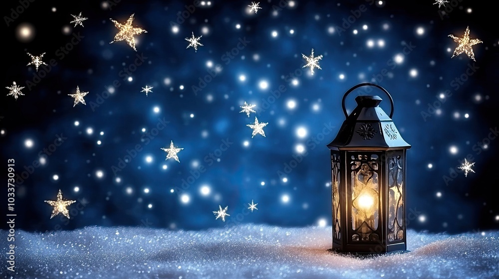 In a tranquil snowy forest, a lantern casts a warm glow amidst the darkness of night, creating a striking contrast with the surrounding trees and soft snow In a tranquil snowy forest, a lantern casts a warm glow amidst the darkness of night, creating a striking contrast with the surrounding trees and soft snow