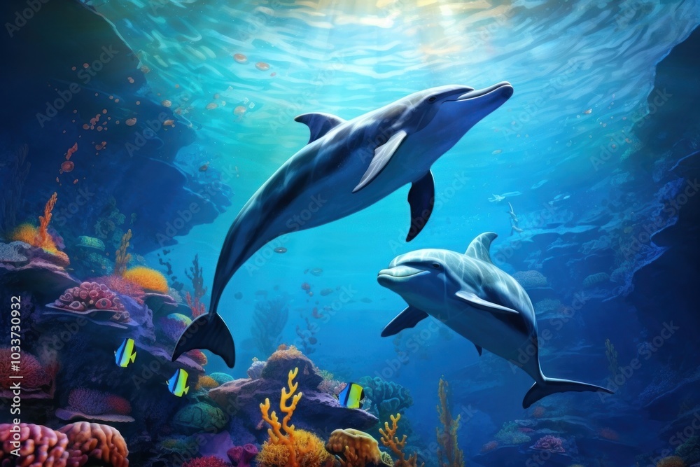 Dolphins swimming together dolphin aquarium outdoors. Dolphins swimming together dolphin aquarium outdoors.