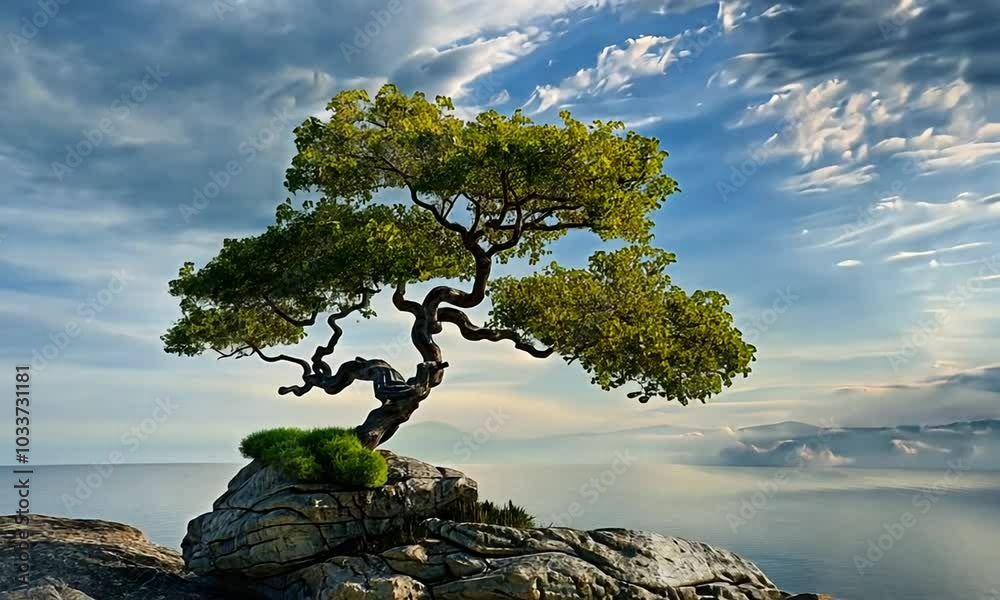 A single, gnarled tree stands on a rocky outcropping overlooking a calm, blue lake with distant mountains and a beautiful cloudy sky.