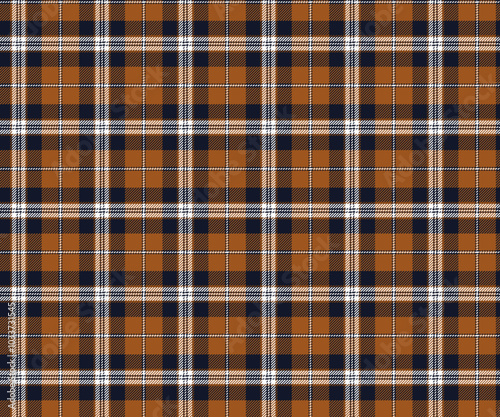 Plaid fabric pattern, orange, navy, white, seamless for textile and design clothes skirt pants apron tablecloth blanket everyday use or decorative fabric. Vector illustration.