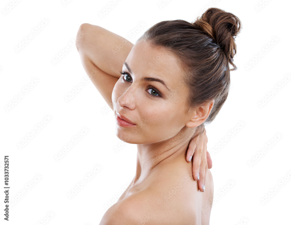 Thinking, girl and shoulder with skincare in studio for beauty, dermatology and treatment wellness. Proud, woman and cosmetics of aesthetic, transformation glow and self care on white background Thinking, girl and shoulder with skincare in studio for beauty, dermatology and treatment wellness. Proud, woman and cosmetics of aesthetic, transformation glow and self care on white background
