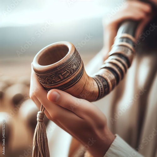 Shofar Blowing. A rabbi or family member blowing the shofar, capturing the solemn and powerful tradition of welcoming the New Year. photo