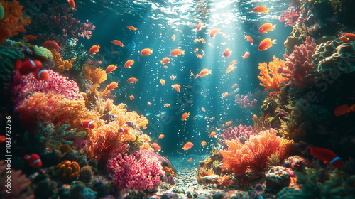 Vibrant and colorful underwater coral reef, teeming with tropical fish and marine life, illuminated by sunlight filtering through the water. A glimpse into the ocean’s beauty.