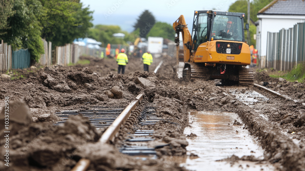Landslide blocking a train track, with rocks and mud piled up over the rails. Workers using machinery to clear the way. --chaos Landslide blocking a train track, with rocks and mud piled up over the rails. Workers using machinery to clear the way. --chaos