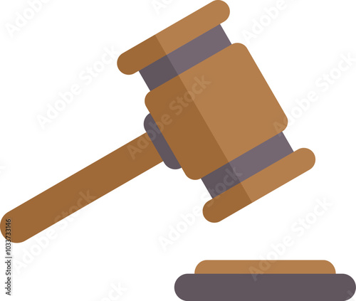 This vector illustration features a wooden judge's gavel striking a sound block, symbolizing justice, law, and legal proceedings