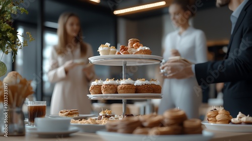 A tiered cake stand filled with pastries and desserts, surrounded by people in an office setting. photo