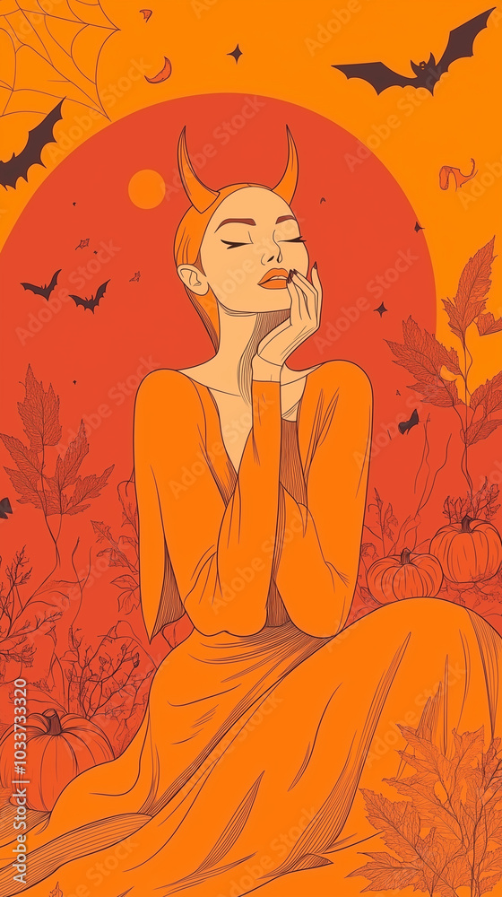 Illustration of a demon woman with horns, seated with a serene expression, surrounded by pumpkins, bats, and autumn leaves. The scene features warm orange tones and Halloween details. Illustration of a demon woman with horns, seated with a serene expression, surrounded by pumpkins, bats, and autumn leaves. The scene features warm orange tones and Halloween details.
