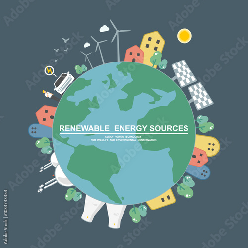Caring for the environment and using clean green energy, Renewable energy net zero emission, Green city concept, Electric vehicle Technology, Wind power generator and Photovoltaics system industrial.	