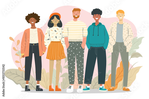 Five diverse friends smiling and standing together in a cheerful outdoor setting. Vector Art & Illustration