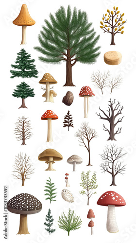 Assorted colorful trees and mushrooms, white isolated background. photo