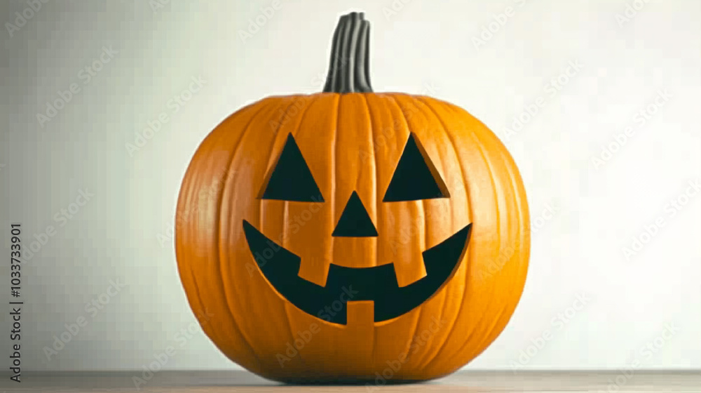 A bright orange pumpkin with a traditional carved smiling face featuring triangle eyes and a jagged mouth, placed against a neutral background, capturing a simple Halloween spirit. A bright orange pumpkin with a traditional carved smiling face featuring triangle eyes and a jagged mouth, placed against a neutral background, capturing a simple Halloween spirit.