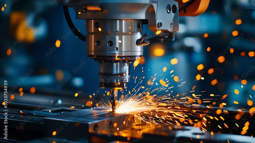High-speed metal cutting process with sparks flying from a precision CNC machine in an industrial workshop. High-speed metal cutting process with sparks flying from a precision CNC machine in an industrial workshop.