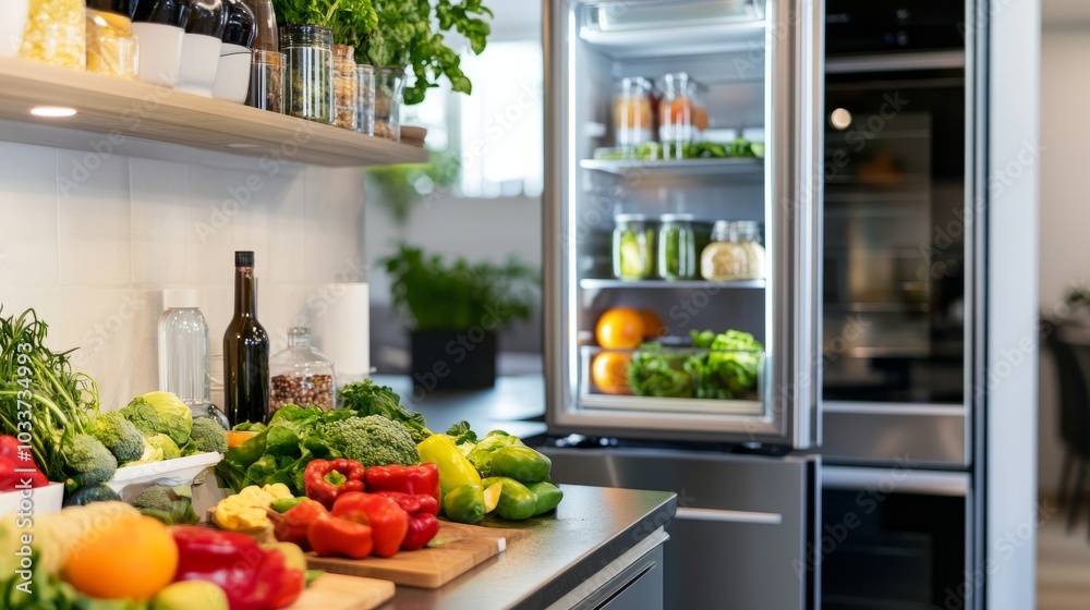 A modern smart refrigerator with a transparent door revealing colorful fresh produce inside, set in a sleek kitchen. A modern smart refrigerator with a transparent door revealing colorful fresh produce inside, set in a sleek kitchen.