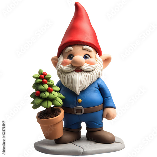 A cheerful garden gnome holding a mini Christmas tree in a pot, perfect for festive seasonal decoration.