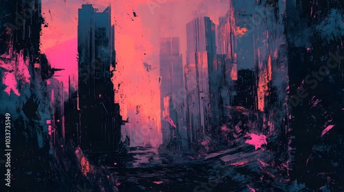 Obraz na płótnie A chaotic blend of grunge textures, digital glitches, and dark tones, with fragmented shapes breaking apart like a crumbling dystopian world. w salonie