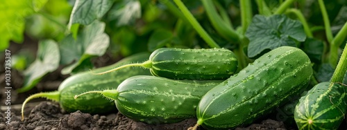 Green cucumber grows on the bed in the greenhouse, selective focus, Generative AI,