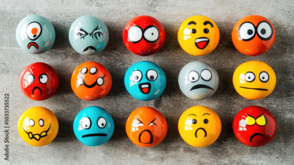 Mixed emotions balls with bright colors, showing different facial expressions like joy, surprise, and confusion, on a neutral background --chaos Mixed emotions balls with bright colors, showing different facial expressions like joy, surprise, and confusion, on a neutral background --chaos