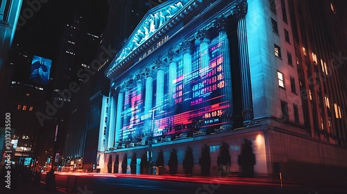 An outdoor shot of a stock exchange building with financial symbols and data projected on the exterior