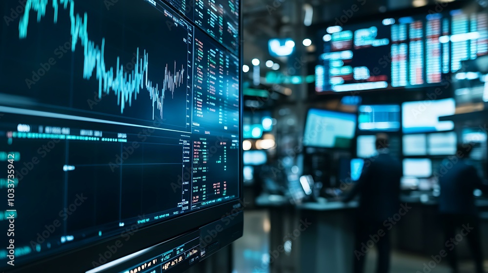 A busy trading floor with screens displaying market trends, graphs, and live stock prices