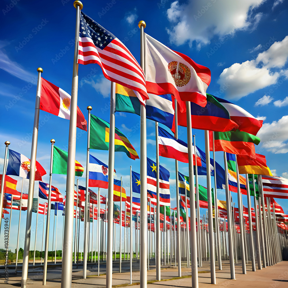 A large flag display in a public space, showcasing vibrant flags A large flag display in a public space, showcasing vibrant flags