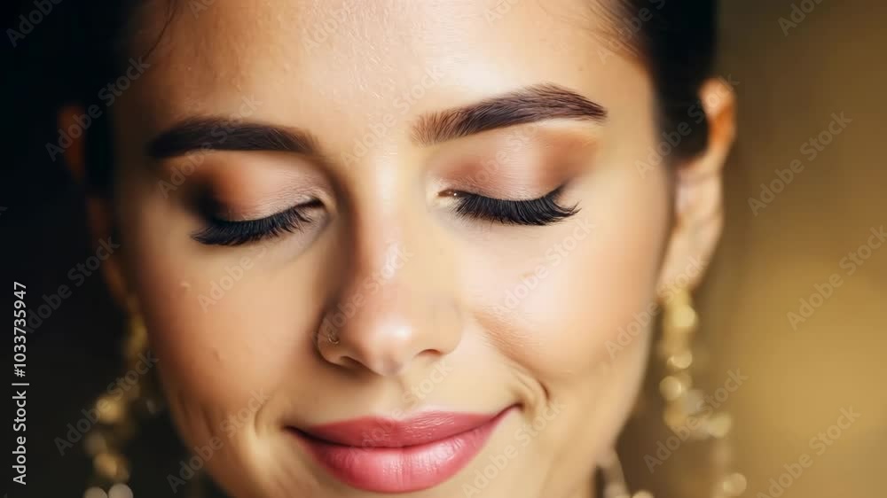 Peaceful woman with closed eyes and elegant earrings in soft light Peaceful woman with closed eyes and elegant earrings in soft light