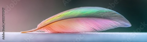 Vibrant feather with rainbow colors on a soft background, peaceful and serene.