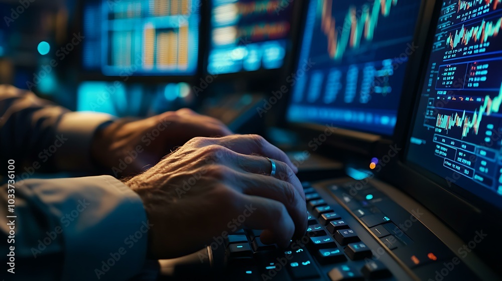 A close-up of a trader’s hands typing on a keyboard with stock charts visible on multiple screens in the background A close-up of a trader’s hands typing on a keyboard with stock charts visible on multiple screens in the background