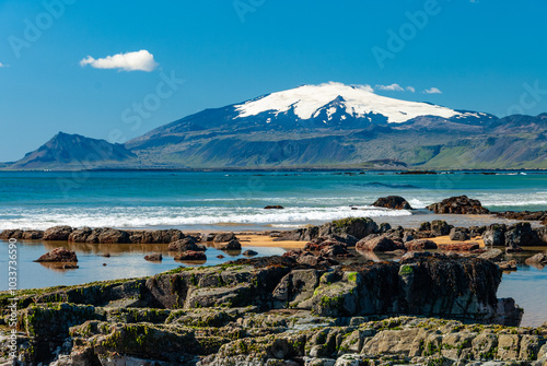 Snæfellsjökull is a 700,000-year-old glacier-capped stratovolcano in western Iceland. It is situated on the westernmost part of the Snæfellsnes peninsula.  Iceland. photo