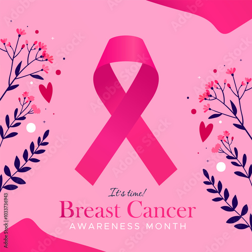 Commemorating breast cancer awareness month, October. The pink ribbon element on a pink background is complemented by floral flowers at the edge of the background
