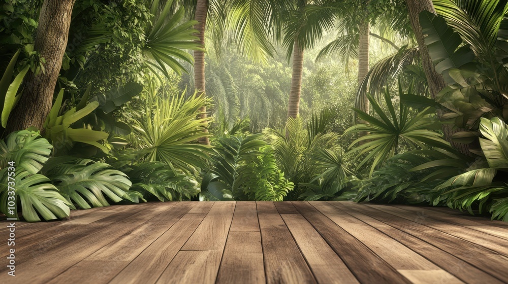 Wooden floor leading to a vibrant tropical forest, ideal for product display with nature as the backdrop. Wooden floor leading to a vibrant tropical forest, ideal for product display with nature as the backdrop.