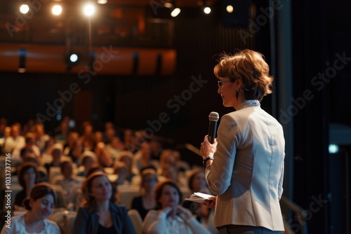 Business woman speaker on the projector screen microphone audience seminar.