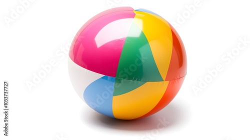 A colorful beach ball, perfectly round and bright, isolated against a white background, embodying the joy of summer fun and carefree days by the sea. photo