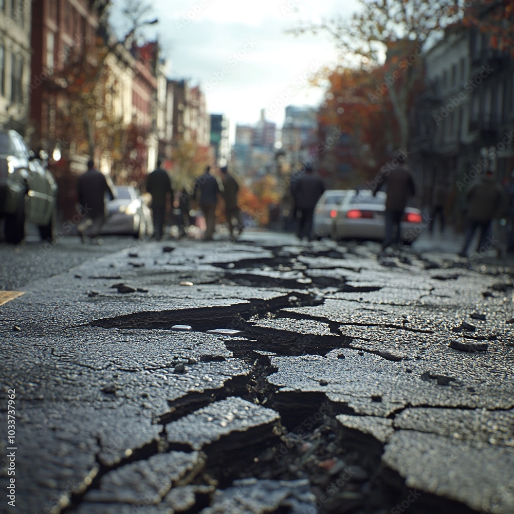 Obraz premium This impactful image showcases a residential area severely affected by an earthquake, featuring damaged homes, downed utility poles, and emergency responders assisting residents in distress.