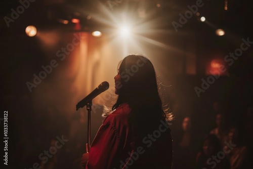 Obraz na płótnie Latinx lady speak on the stage microphone musician light. w salonie