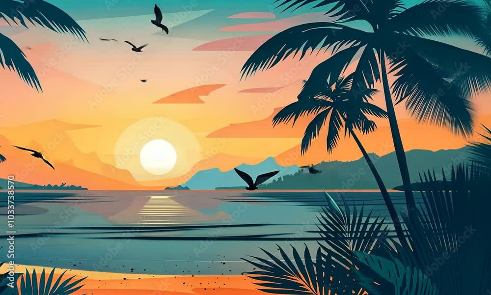 Tropical sunset over a calm ocean with palm trees and mountains in the background.