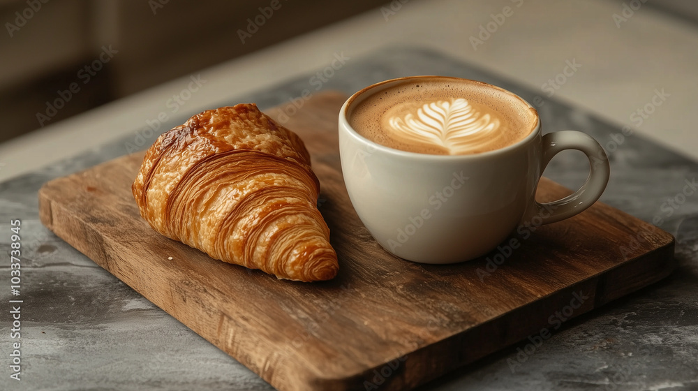 A cup of coffee with a croissant
A cup of coffee with a croissant