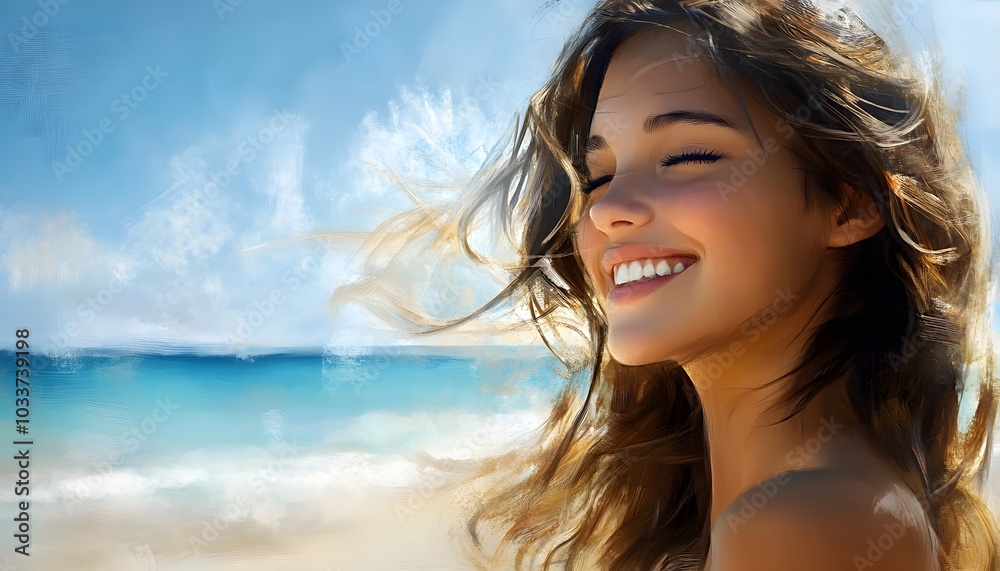 Portrait of a Smiling Woman with Windblown Hair Against a Beach Background Portrait of a Smiling Woman with Windblown Hair Against a Beach Background