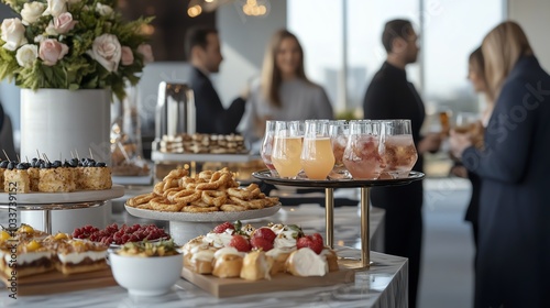 A catered event with delicious pastries and drinks for a corporate gathering.
