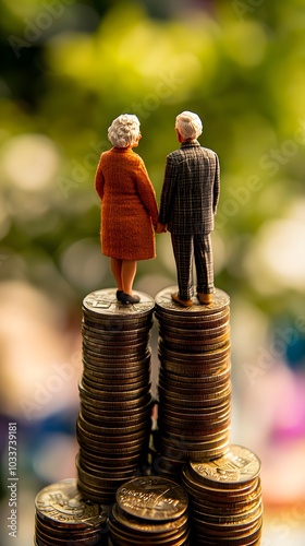 Elderly couple standing on stacks of coins, symbolizing the concept of financial security for elderly people