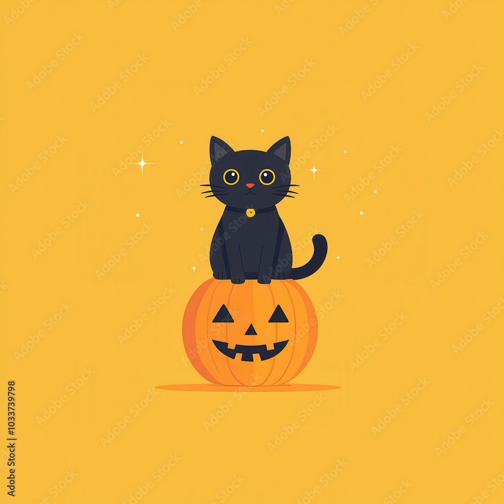 A cute black Halloween cat sitting on a window with pumpkins and spooky decorations A cute black Halloween cat sitting on a window with pumpkins and spooky decorations
