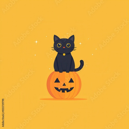 A cute black Halloween cat sitting on a window with pumpkins and spooky decorations