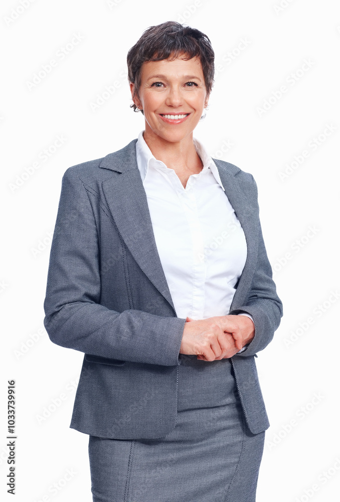 CEO, portrait and happy business woman with expert experience for corporate job. Smile, mature professional and confident boss or actuary for risk management in suit on white studio background in USA CEO, portrait and happy business woman with expert experience for corporate job. Smile, mature professional and confident boss or actuary for risk management in suit on white studio background in USA