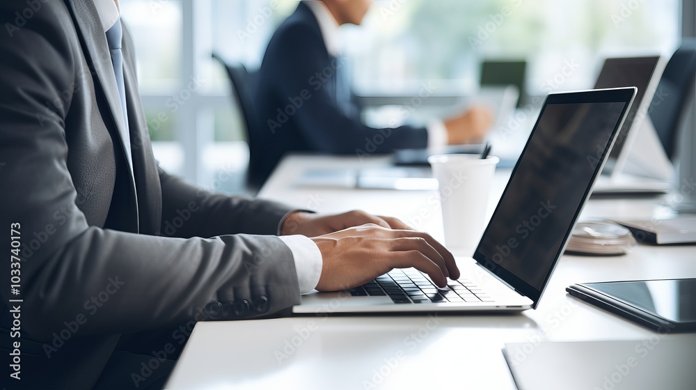 A businessman in a suit works on his laptop at his desk, concentrating on his task. A businessman in a suit works on his laptop at his desk, concentrating on his task.