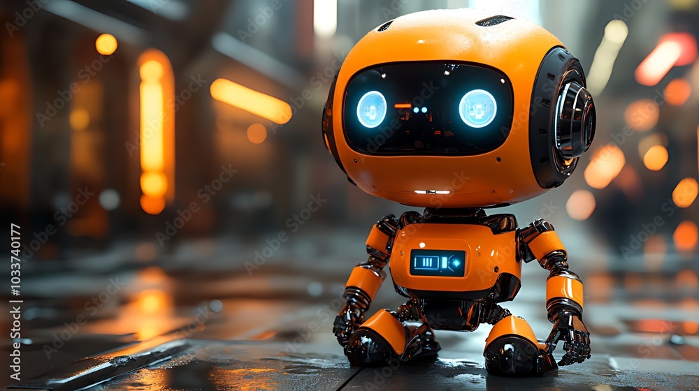 A small, orange robot with blue glowing eyes sits on a wet city street with blurred lights in the background. A small, orange robot with blue glowing eyes sits on a wet city street with blurred lights in the background.