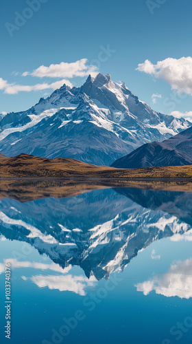 Serene Patagonian Landscape with Reflective Lake and Dramatic Mountains  