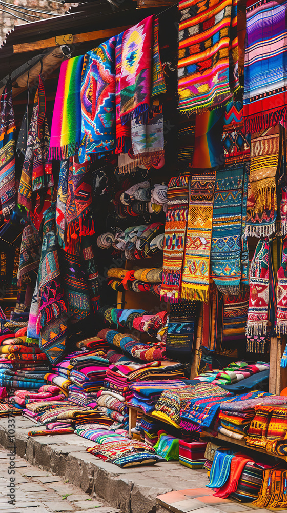 Fototapeta premium Colorful South American Marketplace with Vibrant Textiles