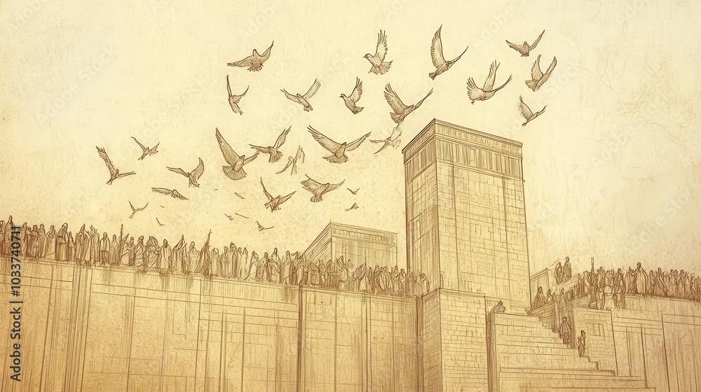 Fototapeta premium Choir of Singers Ascend the Temple Stairs Their Voices Rising in Harmonious Praise as Doves Soar Above the Ancient City of Zephaniah s Prophetic Vision for Jerusalem s Future