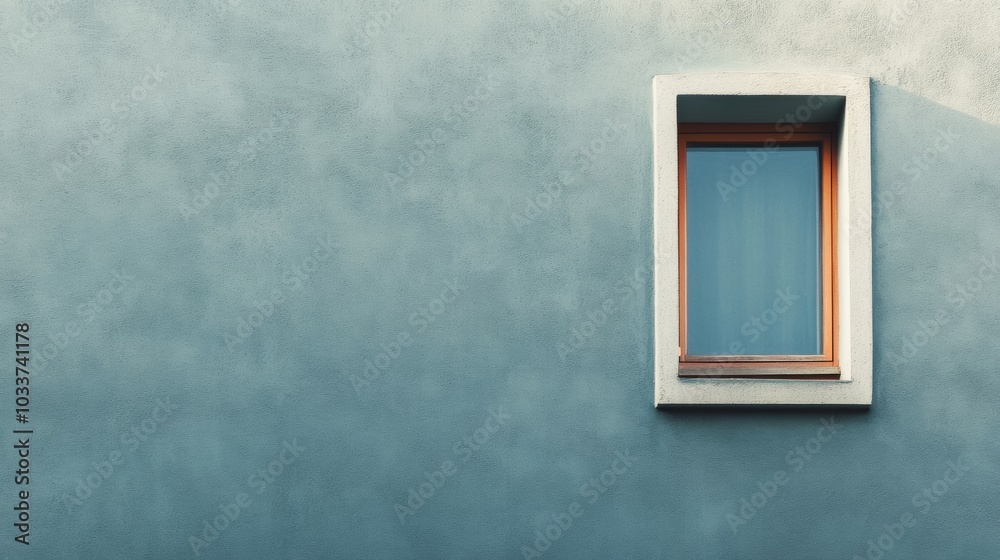 Fototapeta premium A window with a wooden frame sits in front of a blue wall
