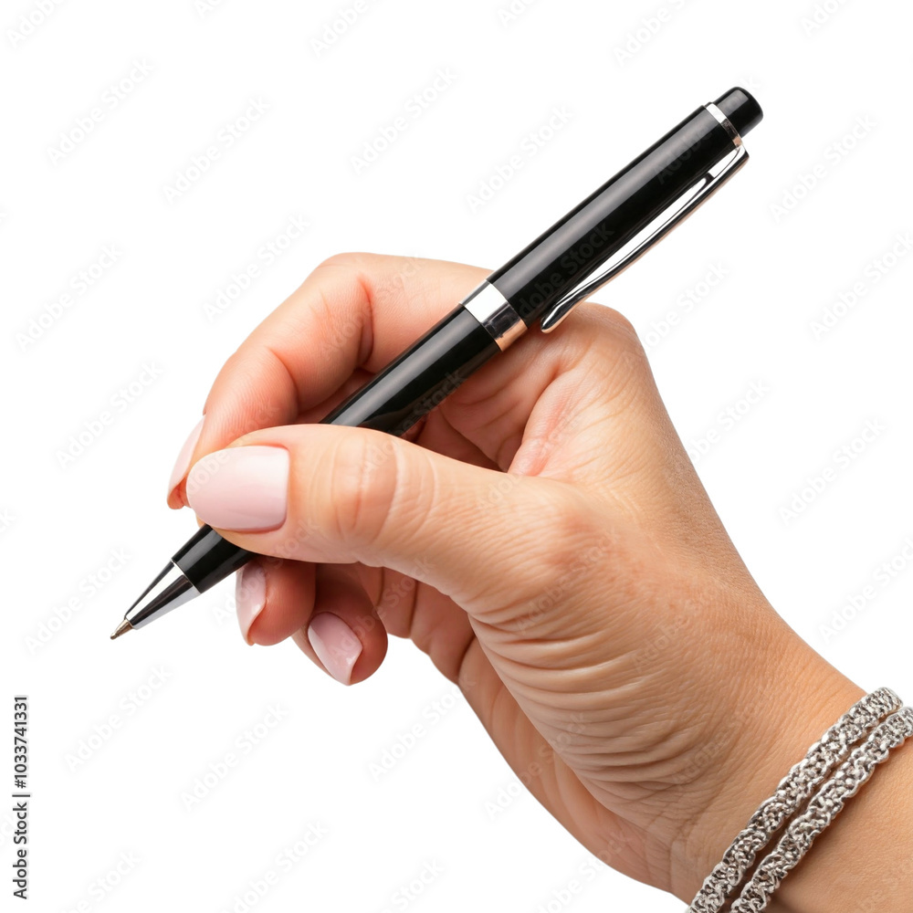 hand holding a pen, White background with female hand holding black ballpoint pen hand holding a pen, White background with female hand holding black ballpoint pen