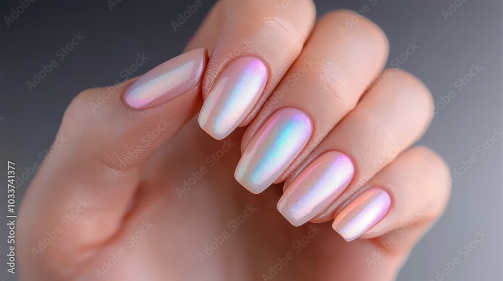 Elegant, iridescent manicure showcasing long, glossy nails on a feminine hand. Elegant, iridescent manicure showcasing long, glossy nails on a feminine hand.